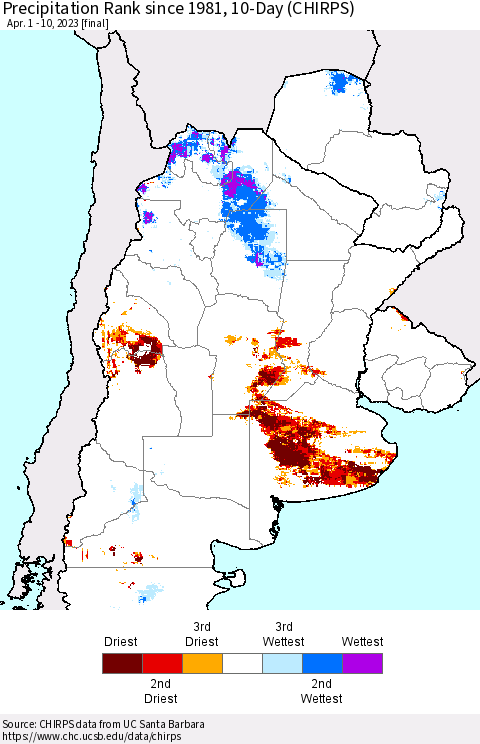 Southern South America Precipitation Rank since 1981, 10-Day (CHIRPS) Thematic Map For 4/1/2023 - 4/10/2023