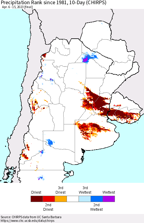 Southern South America Precipitation Rank since 1981, 10-Day (CHIRPS) Thematic Map For 4/6/2023 - 4/15/2023