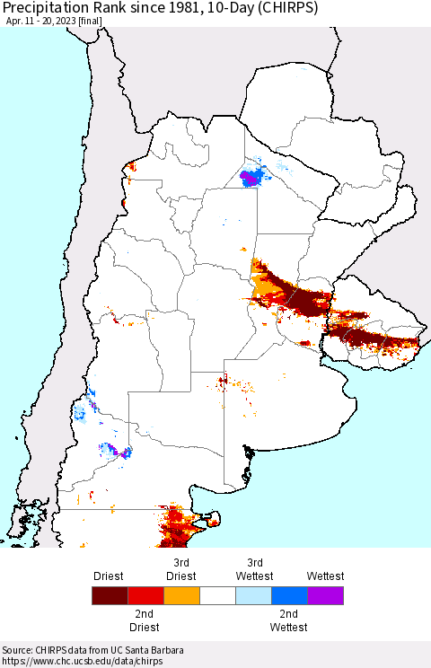 Southern South America Precipitation Rank since 1981, 10-Day (CHIRPS) Thematic Map For 4/11/2023 - 4/20/2023