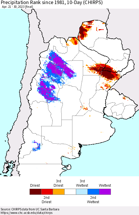 Southern South America Precipitation Rank since 1981, 10-Day (CHIRPS) Thematic Map For 4/21/2023 - 4/30/2023