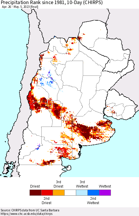 Southern South America Precipitation Rank since 1981, 10-Day (CHIRPS) Thematic Map For 4/26/2023 - 5/5/2023