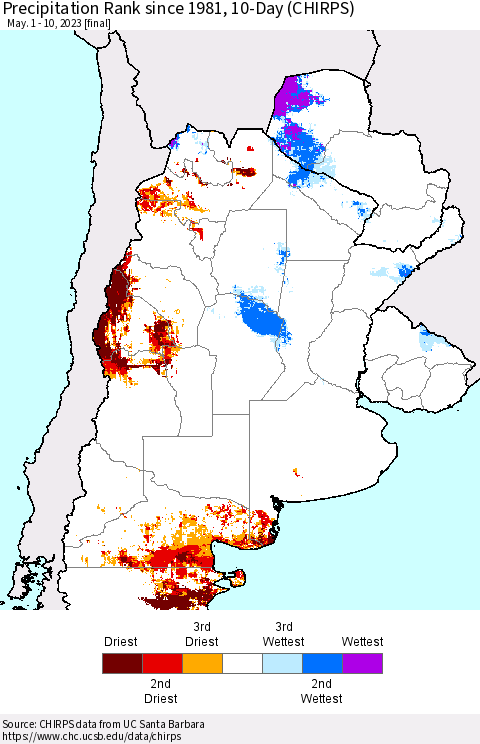 Southern South America Precipitation Rank since 1981, 10-Day (CHIRPS) Thematic Map For 5/1/2023 - 5/10/2023