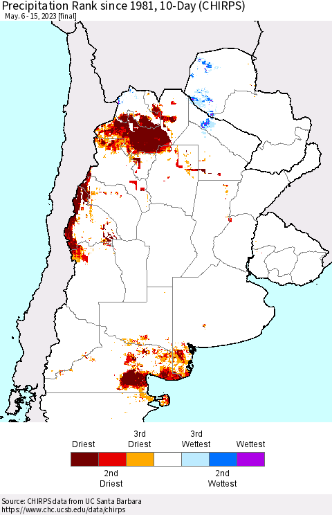 Southern South America Precipitation Rank since 1981, 10-Day (CHIRPS) Thematic Map For 5/6/2023 - 5/15/2023
