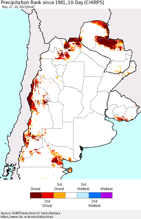 Southern South America Precipitation Rank since 1981, 10-Day (CHIRPS) Thematic Map For 5/11/2023 - 5/20/2023