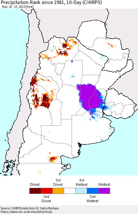 Southern South America Precipitation Rank since 1981, 10-Day (CHIRPS) Thematic Map For 5/16/2023 - 5/25/2023