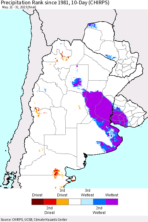 Southern South America Precipitation Rank since 1981, 10-Day (CHIRPS) Thematic Map For 5/21/2023 - 5/31/2023