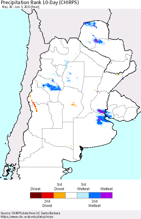 Southern South America Precipitation Rank since 1981, 10-Day (CHIRPS) Thematic Map For 5/26/2023 - 6/5/2023