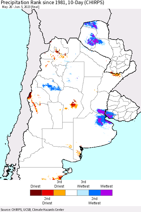 Southern South America Precipitation Rank since 1981, 10-Day (CHIRPS) Thematic Map For 5/26/2023 - 6/5/2023