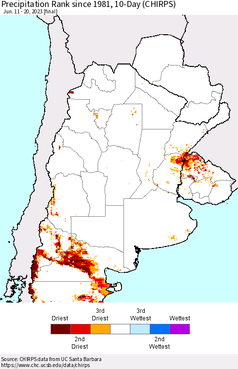 Southern South America Precipitation Rank since 1981, 10-Day (CHIRPS) Thematic Map For 6/11/2023 - 6/20/2023
