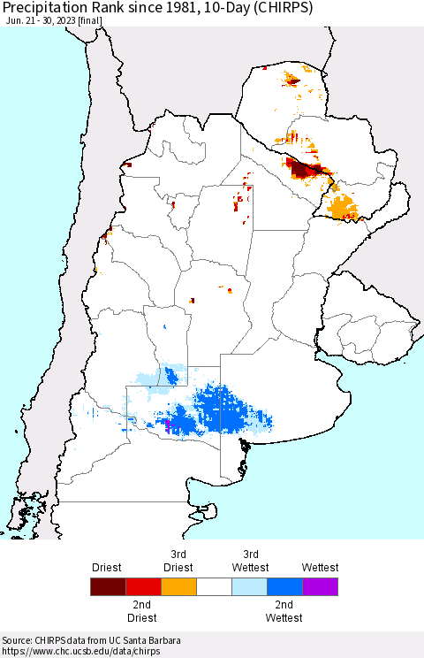 Southern South America Precipitation Rank since 1981, 10-Day (CHIRPS) Thematic Map For 6/21/2023 - 6/30/2023