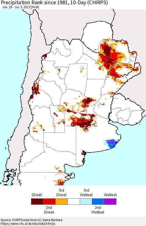 Southern South America Precipitation Rank since 1981, 10-Day (CHIRPS) Thematic Map For 6/26/2023 - 7/5/2023