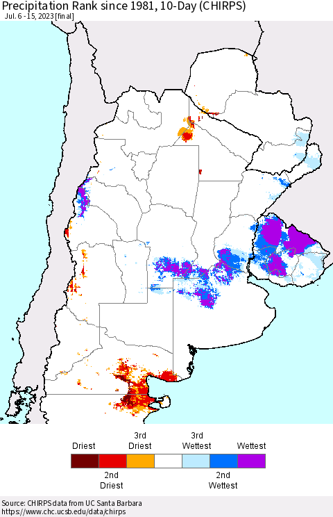 Southern South America Precipitation Rank since 1981, 10-Day (CHIRPS) Thematic Map For 7/6/2023 - 7/15/2023