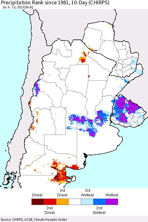 Southern South America Precipitation Rank since 1981, 10-Day (CHIRPS) Thematic Map For 7/6/2023 - 7/15/2023