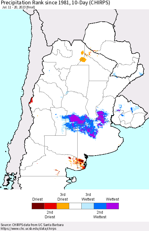 Southern South America Precipitation Rank since 1981, 10-Day (CHIRPS) Thematic Map For 7/11/2023 - 7/20/2023