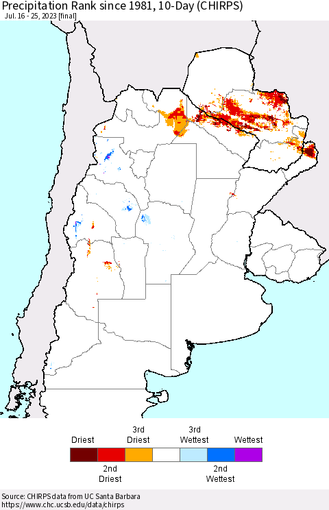 Southern South America Precipitation Rank since 1981, 10-Day (CHIRPS) Thematic Map For 7/16/2023 - 7/25/2023