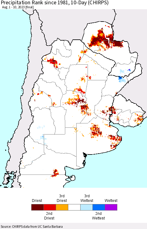 Southern South America Precipitation Rank since 1981, 10-Day (CHIRPS) Thematic Map For 8/1/2023 - 8/10/2023