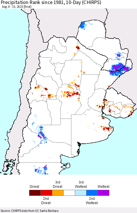 Southern South America Precipitation Rank since 1981, 10-Day (CHIRPS) Thematic Map For 8/6/2023 - 8/15/2023