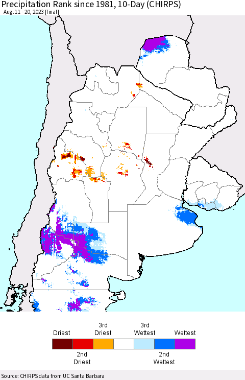 Southern South America Precipitation Rank since 1981, 10-Day (CHIRPS) Thematic Map For 8/11/2023 - 8/20/2023