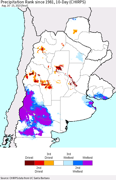 Southern South America Precipitation Rank since 1981, 10-Day (CHIRPS) Thematic Map For 8/16/2023 - 8/25/2023