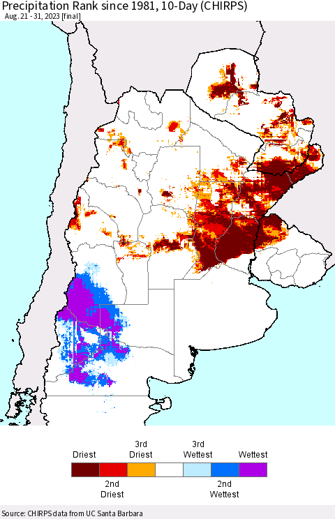Southern South America Precipitation Rank since 1981, 10-Day (CHIRPS) Thematic Map For 8/21/2023 - 8/31/2023