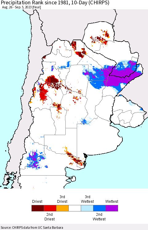 Southern South America Precipitation Rank since 1981, 10-Day (CHIRPS) Thematic Map For 8/26/2023 - 9/5/2023