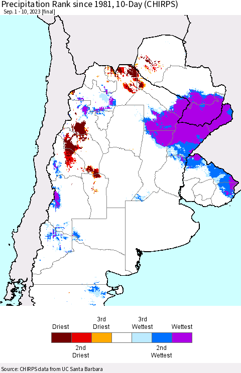 Southern South America Precipitation Rank since 1981, 10-Day (CHIRPS) Thematic Map For 9/1/2023 - 9/10/2023