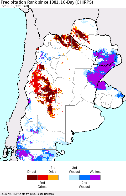 Southern South America Precipitation Rank since 1981, 10-Day (CHIRPS) Thematic Map For 9/6/2023 - 9/15/2023