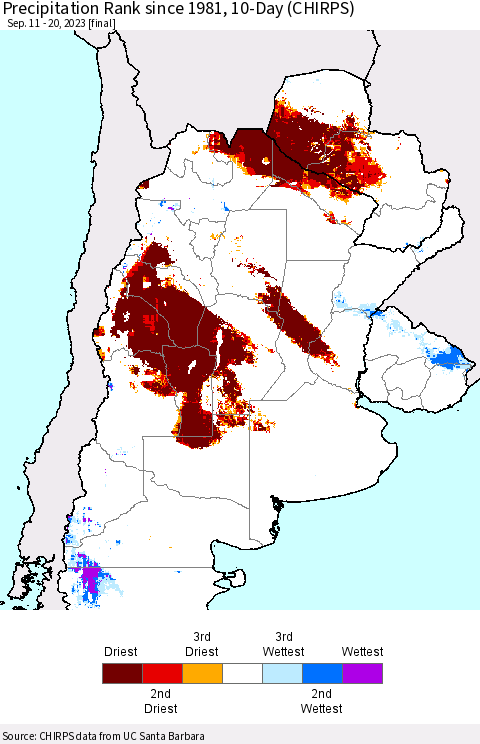 Southern South America Precipitation Rank since 1981, 10-Day (CHIRPS) Thematic Map For 9/11/2023 - 9/20/2023
