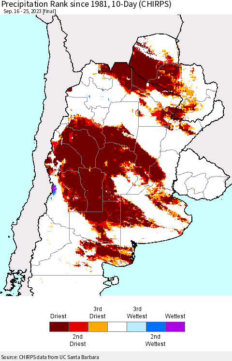 Southern South America Precipitation Rank since 1981, 10-Day (CHIRPS) Thematic Map For 9/16/2023 - 9/25/2023