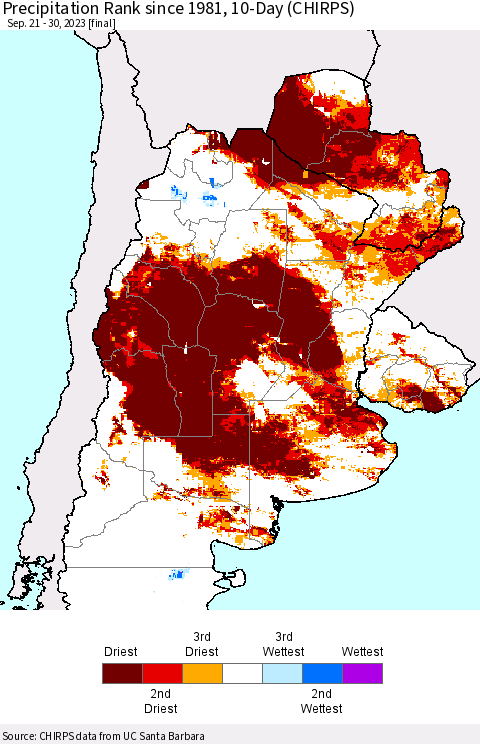 Southern South America Precipitation Rank since 1981, 10-Day (CHIRPS) Thematic Map For 9/21/2023 - 9/30/2023