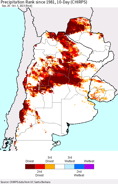 Southern South America Precipitation Rank since 1981, 10-Day (CHIRPS) Thematic Map For 9/26/2023 - 10/5/2023