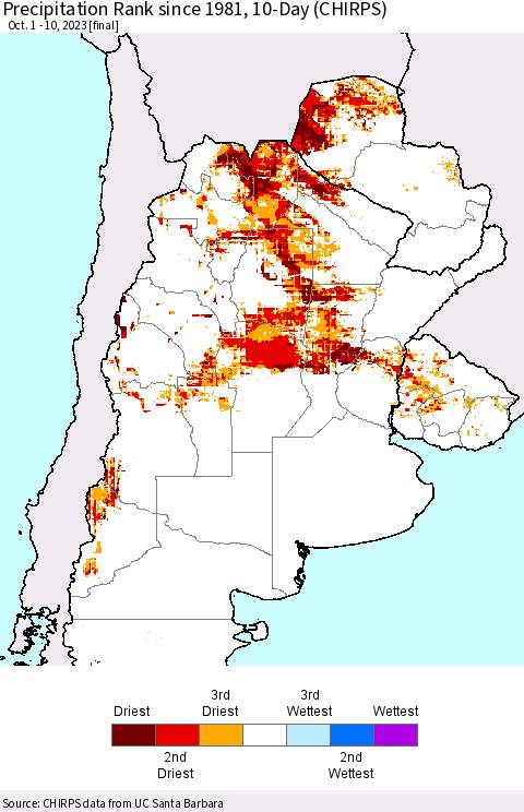 Southern South America Precipitation Rank since 1981, 10-Day (CHIRPS) Thematic Map For 10/1/2023 - 10/10/2023