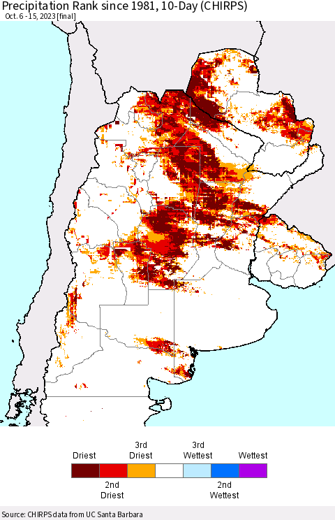 Southern South America Precipitation Rank since 1981, 10-Day (CHIRPS) Thematic Map For 10/6/2023 - 10/15/2023