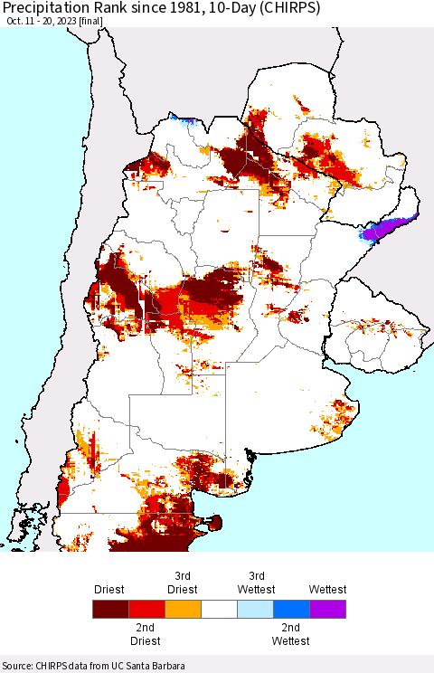 Southern South America Precipitation Rank since 1981, 10-Day (CHIRPS) Thematic Map For 10/11/2023 - 10/20/2023