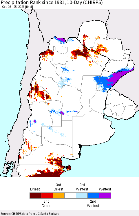 Southern South America Precipitation Rank since 1981, 10-Day (CHIRPS) Thematic Map For 10/16/2023 - 10/25/2023