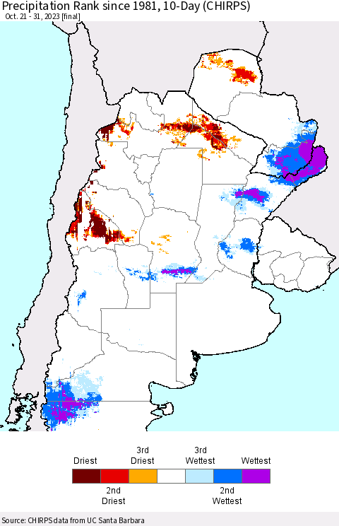 Southern South America Precipitation Rank since 1981, 10-Day (CHIRPS) Thematic Map For 10/21/2023 - 10/31/2023