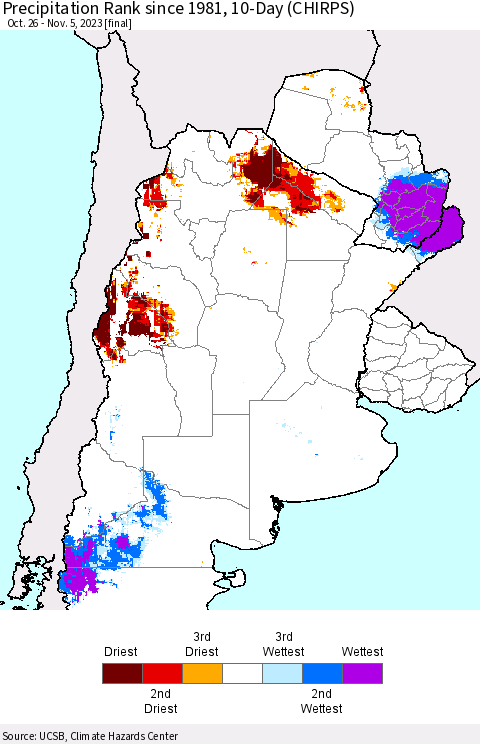 Southern South America Precipitation Rank since 1981, 10-Day (CHIRPS) Thematic Map For 10/26/2023 - 11/5/2023