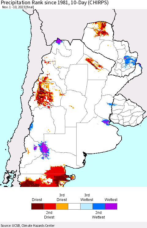 Southern South America Precipitation Rank since 1981, 10-Day (CHIRPS) Thematic Map For 11/1/2023 - 11/10/2023