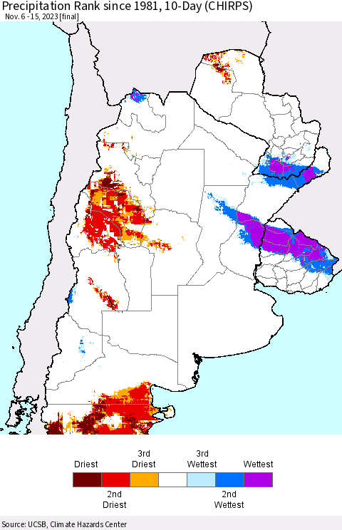 Southern South America Precipitation Rank since 1981, 10-Day (CHIRPS) Thematic Map For 11/6/2023 - 11/15/2023