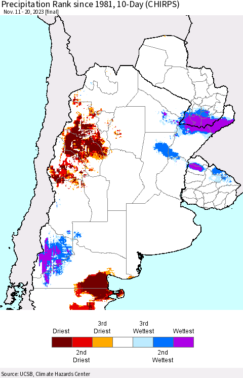 Southern South America Precipitation Rank since 1981, 10-Day (CHIRPS) Thematic Map For 11/11/2023 - 11/20/2023