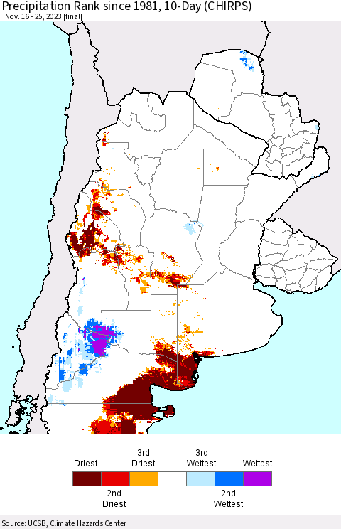 Southern South America Precipitation Rank since 1981, 10-Day (CHIRPS) Thematic Map For 11/16/2023 - 11/25/2023