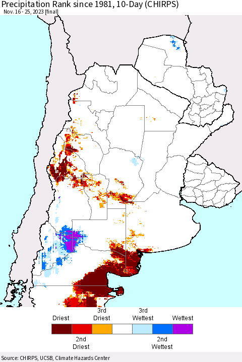 Southern South America Precipitation Rank since 1981, 10-Day (CHIRPS) Thematic Map For 11/16/2023 - 11/25/2023