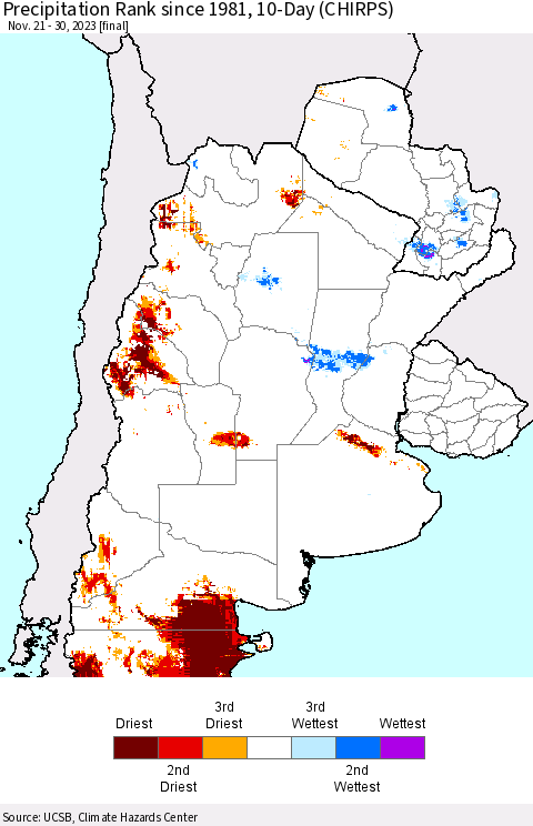 Southern South America Precipitation Rank since 1981, 10-Day (CHIRPS) Thematic Map For 11/21/2023 - 11/30/2023