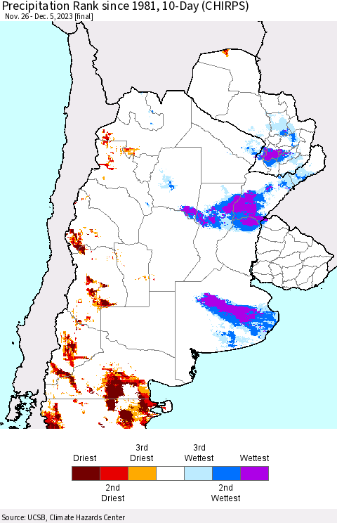 Southern South America Precipitation Rank since 1981, 10-Day (CHIRPS) Thematic Map For 11/26/2023 - 12/5/2023