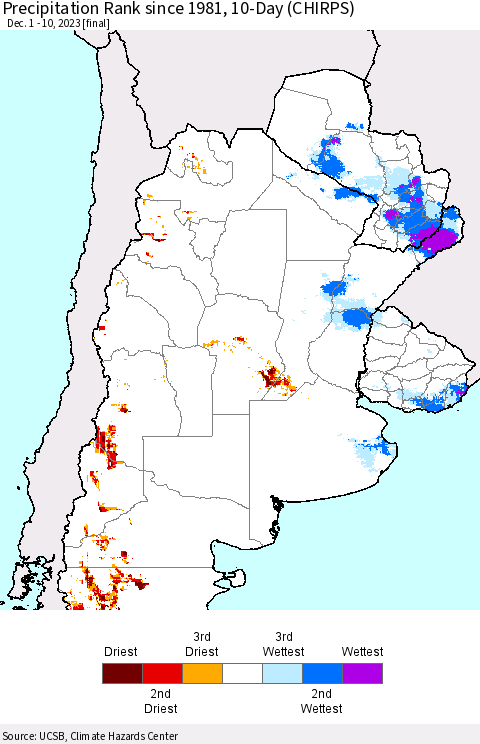 Southern South America Precipitation Rank since 1981, 10-Day (CHIRPS) Thematic Map For 12/1/2023 - 12/10/2023