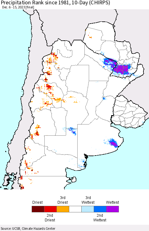 Southern South America Precipitation Rank since 1981, 10-Day (CHIRPS) Thematic Map For 12/6/2023 - 12/15/2023