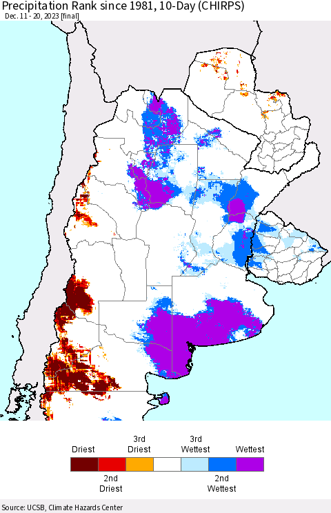 Southern South America Precipitation Rank since 1981, 10-Day (CHIRPS) Thematic Map For 12/11/2023 - 12/20/2023