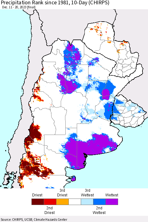 Southern South America Precipitation Rank since 1981, 10-Day (CHIRPS) Thematic Map For 12/11/2023 - 12/20/2023