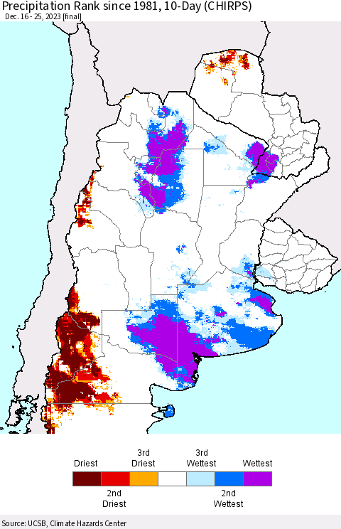Southern South America Precipitation Rank since 1981, 10-Day (CHIRPS) Thematic Map For 12/16/2023 - 12/25/2023