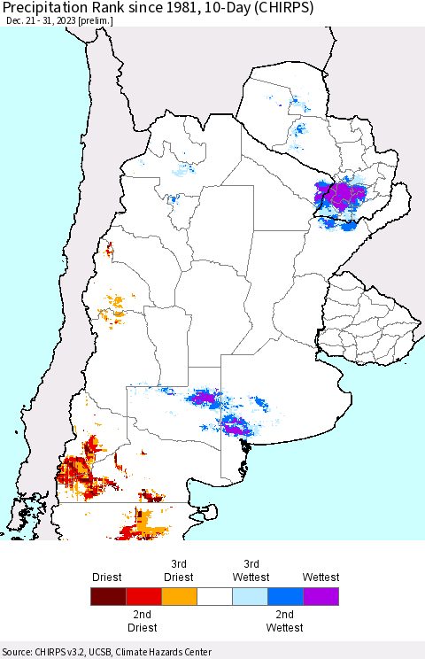 Southern South America Precipitation Rank since 1981, 10-Day (CHIRPS) Thematic Map For 12/21/2023 - 12/31/2023